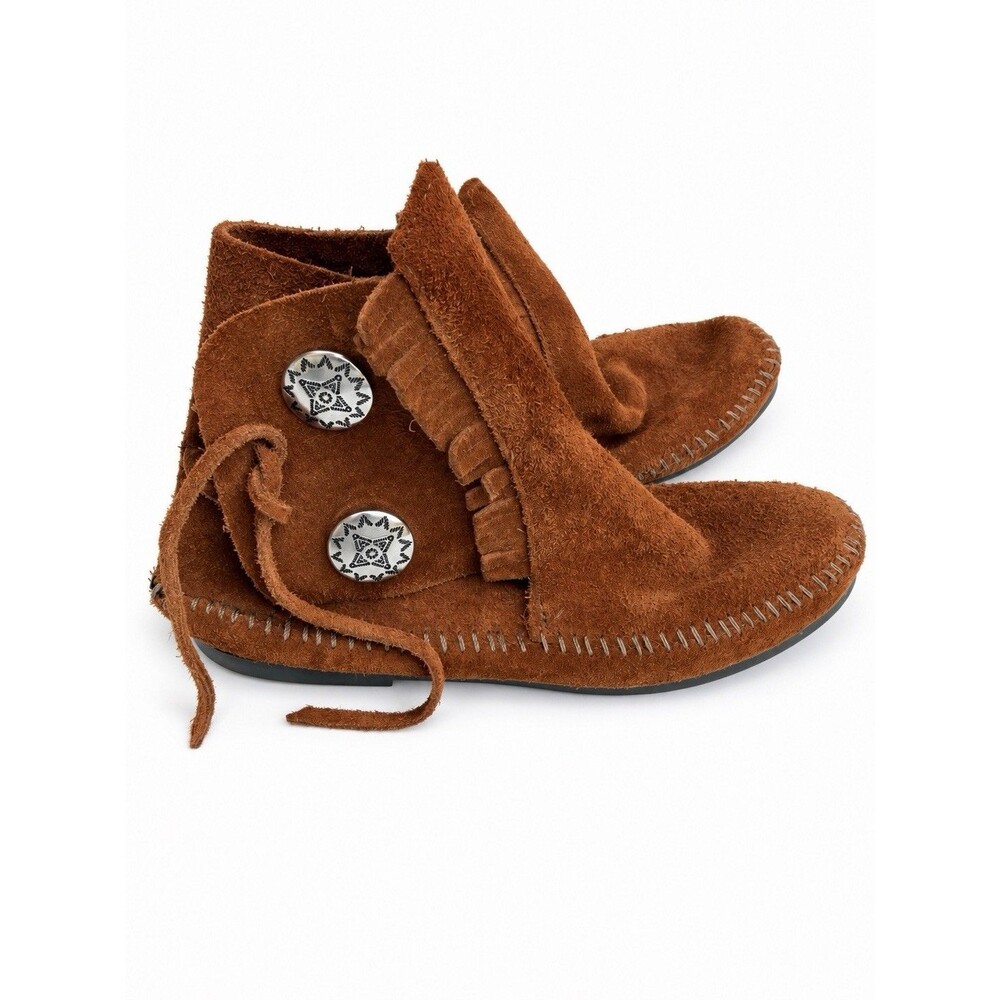 Minnetonka Boots Womens 7 Brown Suede Two Button Fringe Moccasin Ankle Boho 442